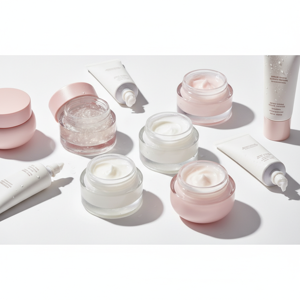 Korean moisturiser jars and tubes arranged by skin type