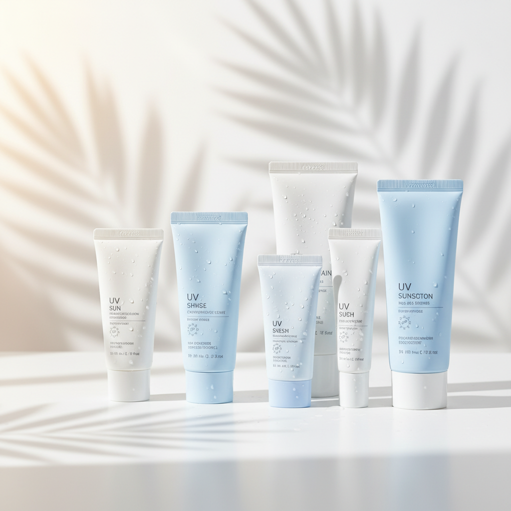 Korean sunscreen tubes alongside a sun hat and skincare products